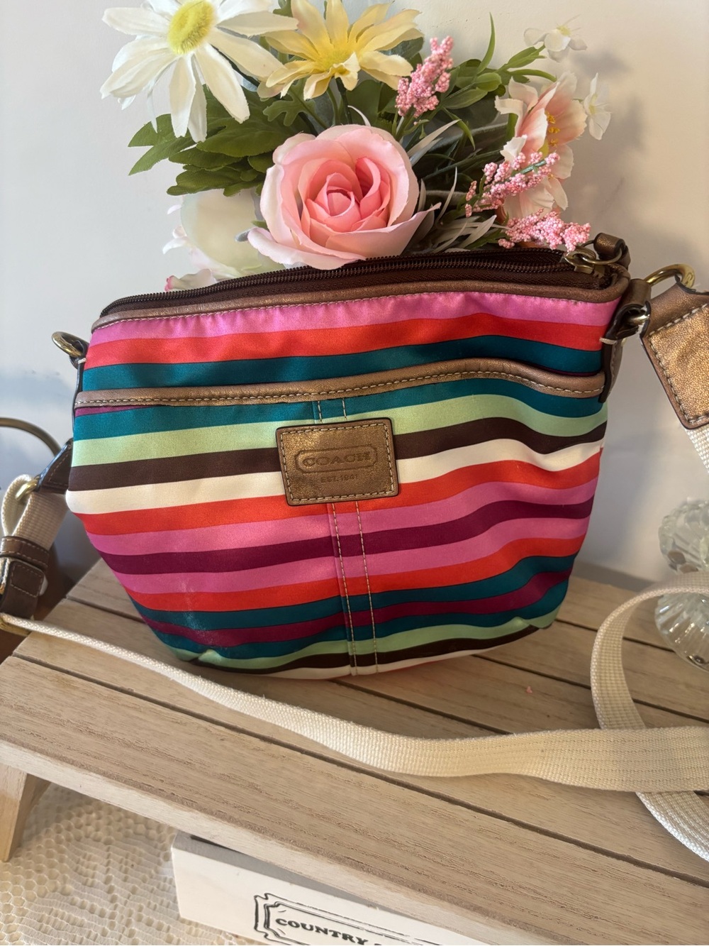 Coach Legacy Multistripe Crossbody Bag in Pink, Teal, Red and Brown